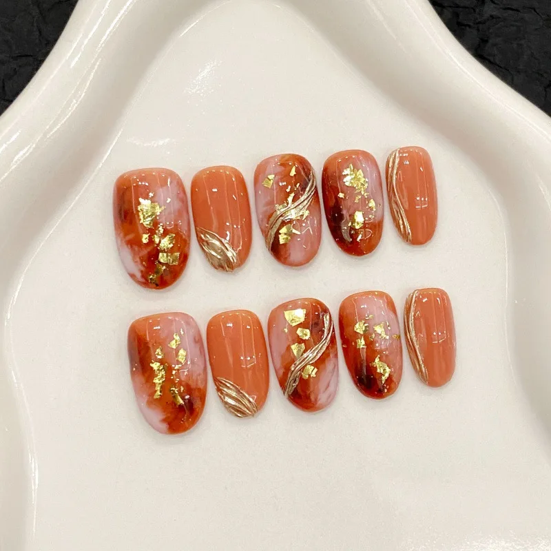 10pcs Hanmade Press on Nails Gold Leaf Gilded Ombre for Autumn and Winter Fake Nail for Women&Girl Removable Wearable False Nail
