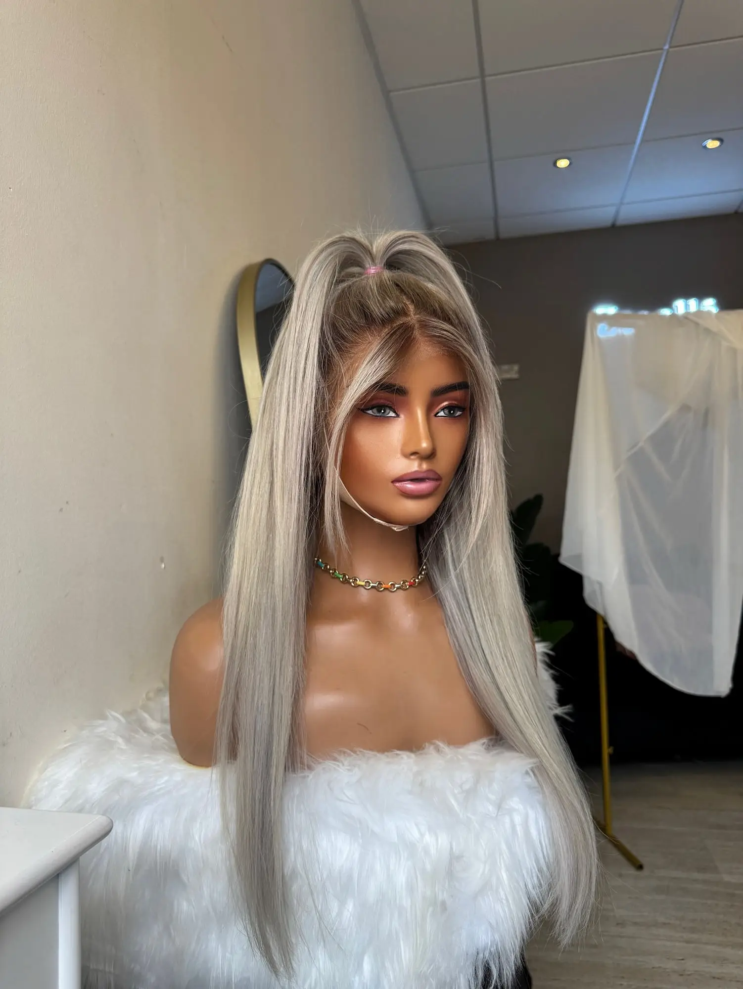 الجزء الأوسط أومبير رمادي شقراء فاخرة الاصطناعية الدانتيل شعر مستعار أمامي طويل طبيعي مستقيم شعر مستعار عالية الجودة المرأة على التخليص #6