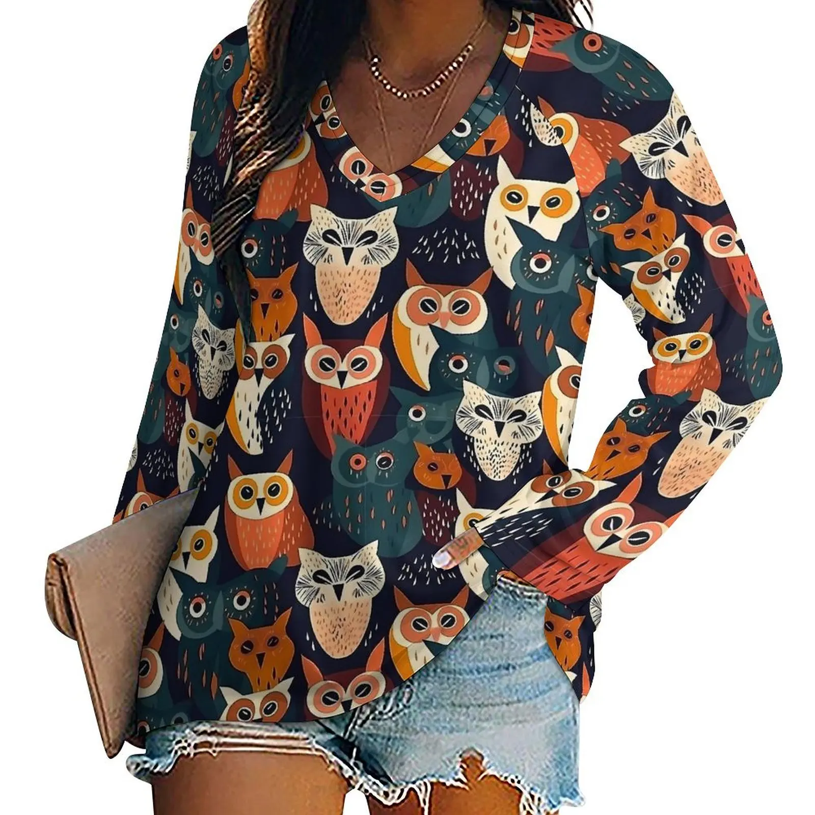 Artsy Bold Owl T-Shirts Animal Print Casual T Shirt Long Sleeve Funny Design Tees Female Tops 3XL 4XL 5XL