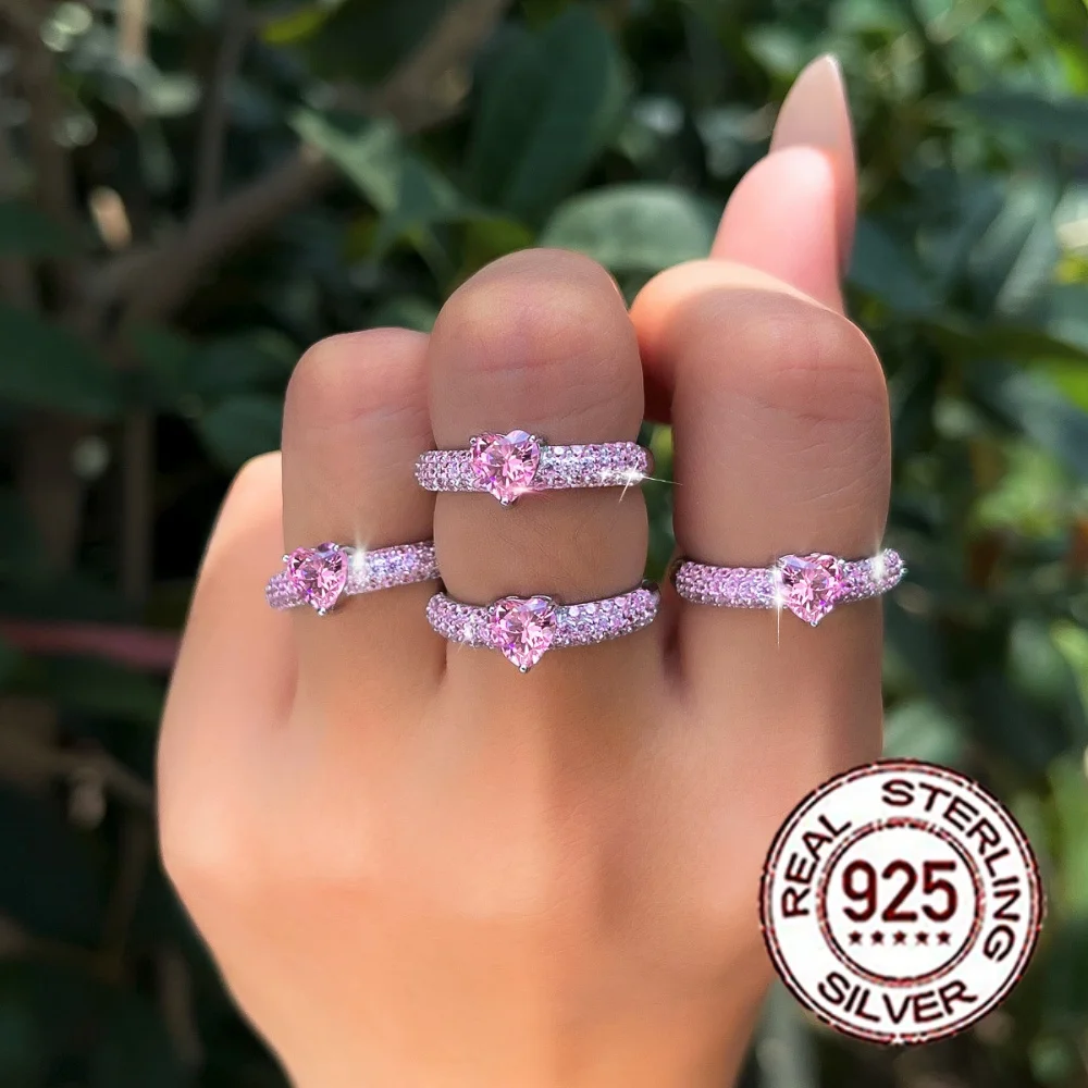 S925 Silberner Herzförmiger Rosa CZ Damen-Versprechensring mit Mikro-Pavé Eternity-Band für Verliebte, Romantischer Schmuck als Geschenk SR109 – Detail 4