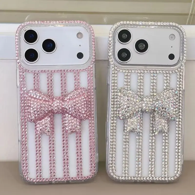 Luxury Preppy Sparkly Rhinestone Stripe 3D Bow Clear Phone Case for 17 Pro Max Bead Wrist Strap Cover for iPhone 16 15 14 13
