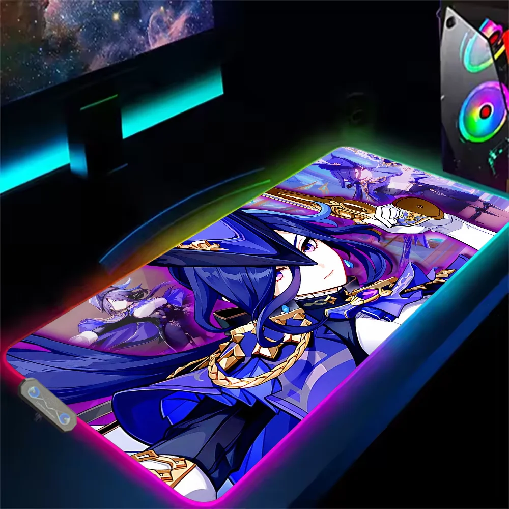 Game Genshin Impact Clorinde S Mouse Pad RGB LED Light Non-Slip Rubber Base Waterproof Office PC Home Best Price Desk-Mat USB La