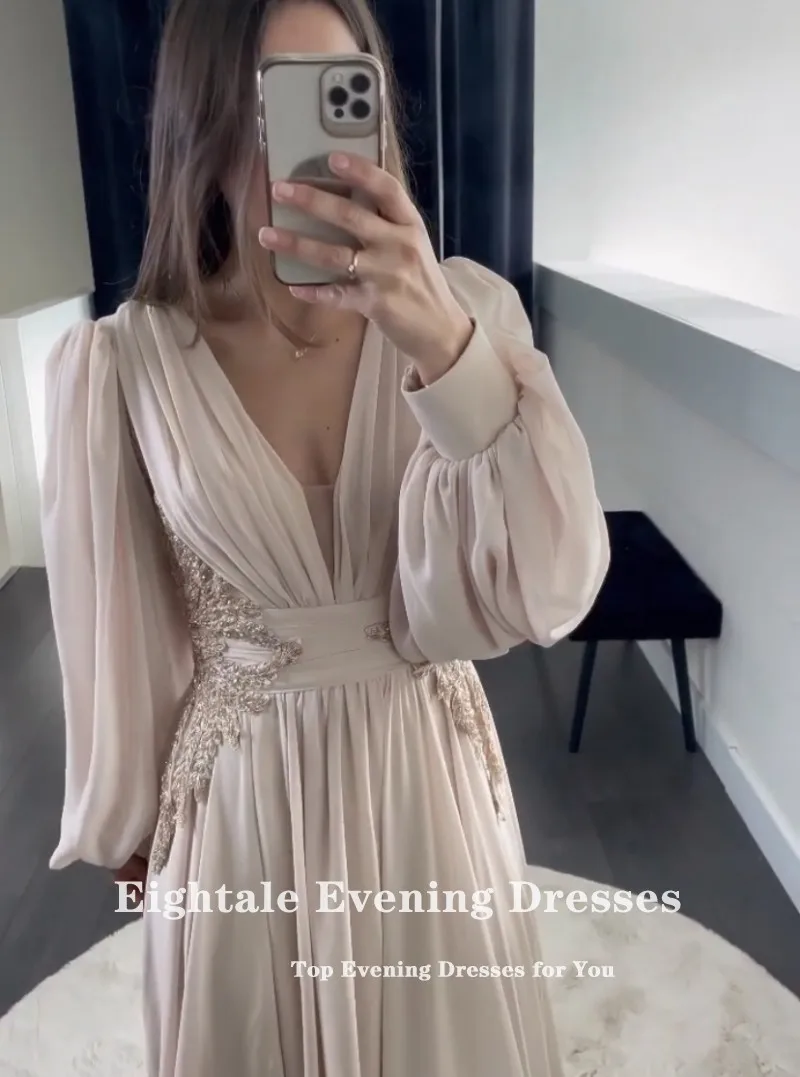 Eightale Evening Party Dress Women Elegant Luxury V-Neck Appliques Beaded Chiffon Long Sleeves Prom Gown Vestidos De Graduación