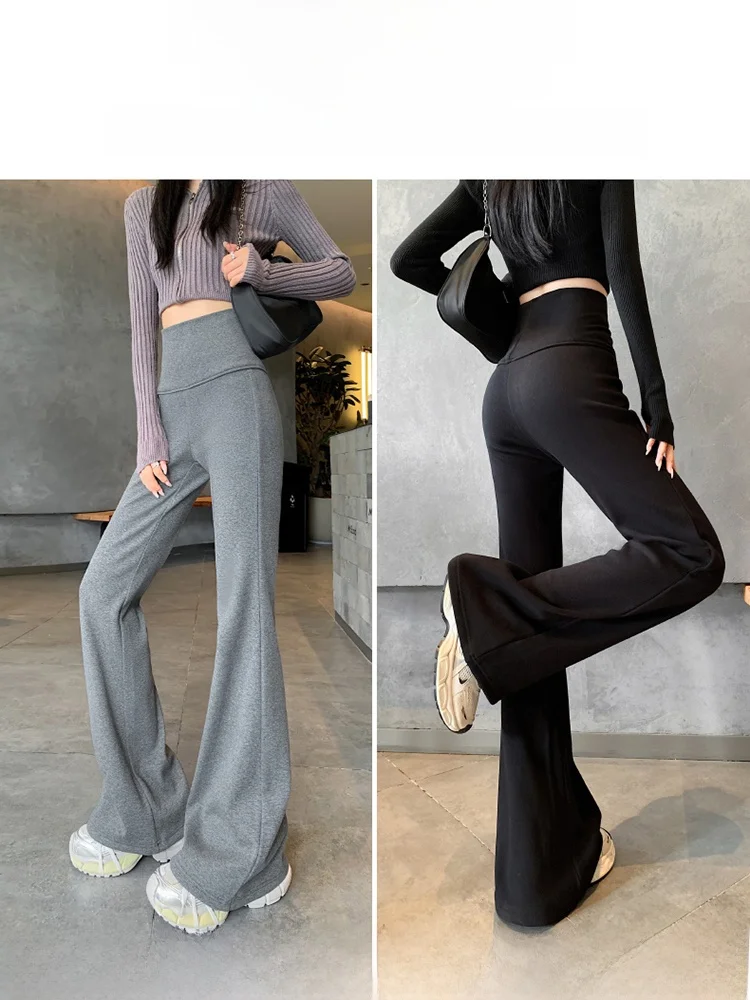 Damskie dzianinowe spodnie do jogi z wysokim stanem, ocieplane polarem, wyszczuplające, lekko rozszerzane, codzienne spodnie na jesień i zimę, koreański styl, do pracy.