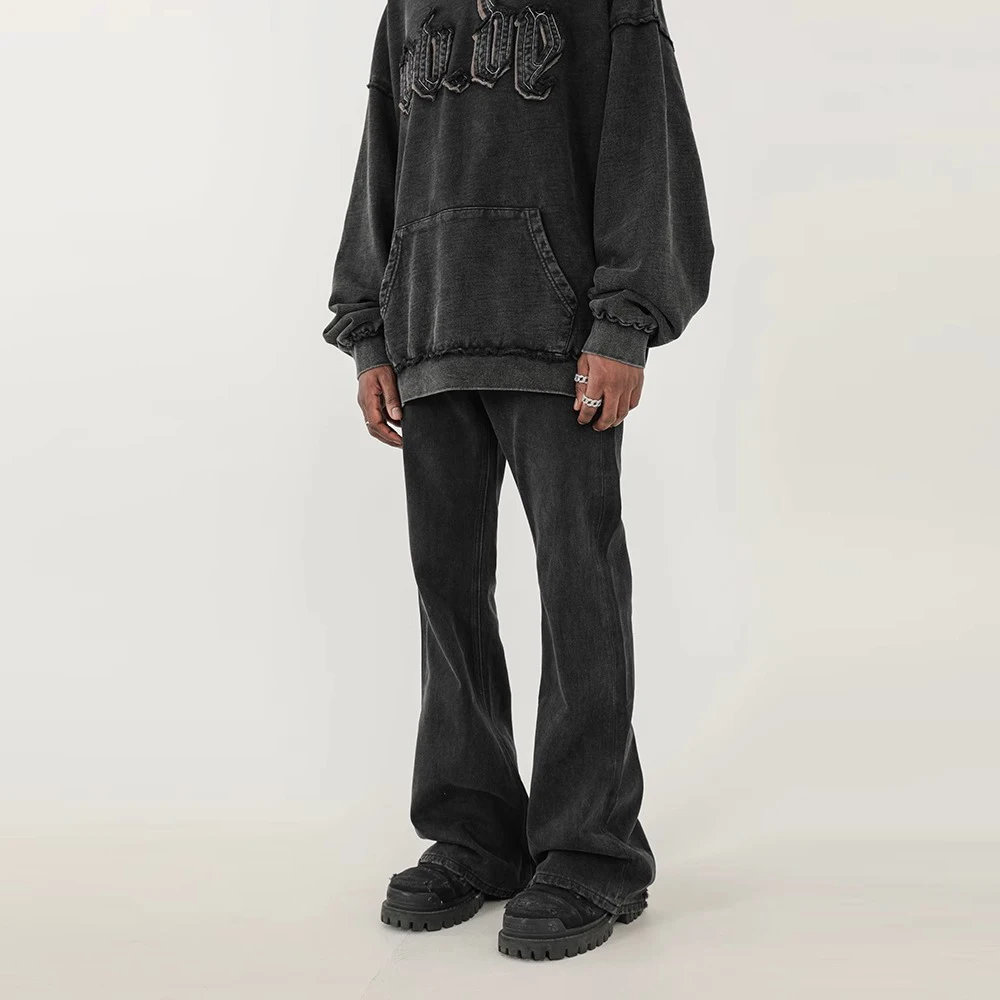 American RO Black Washed Frayed Flared Jean High Street Trend Personality Vintage Slim Fit Flare Denim Pants Cleanfit Distressed