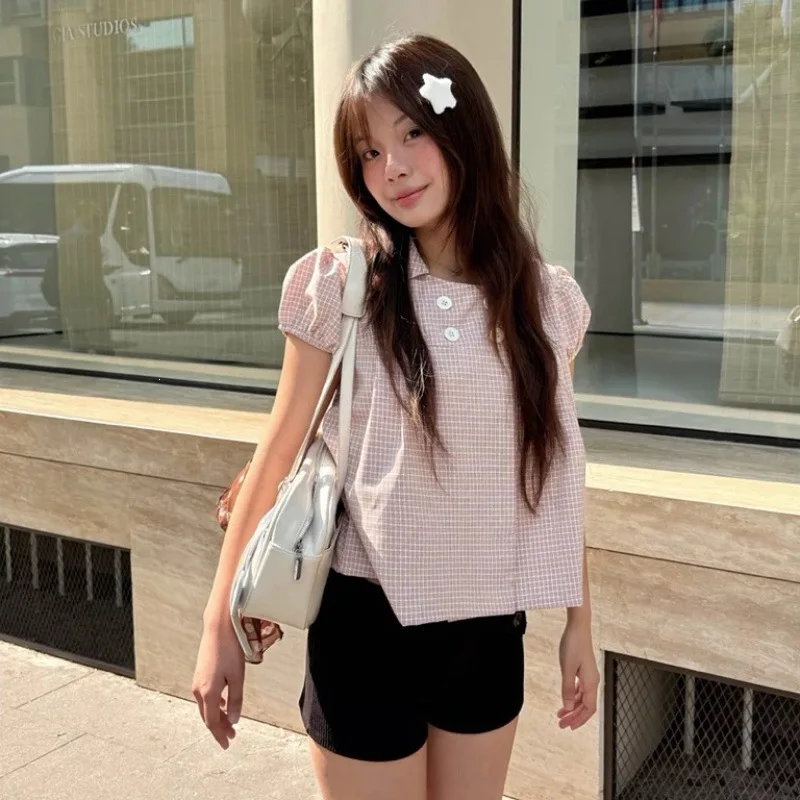 Sweet Bubble Short sleeved Collar Double breasted Short Shirt Women's Y2K Grid Loose Korean Street Style Top