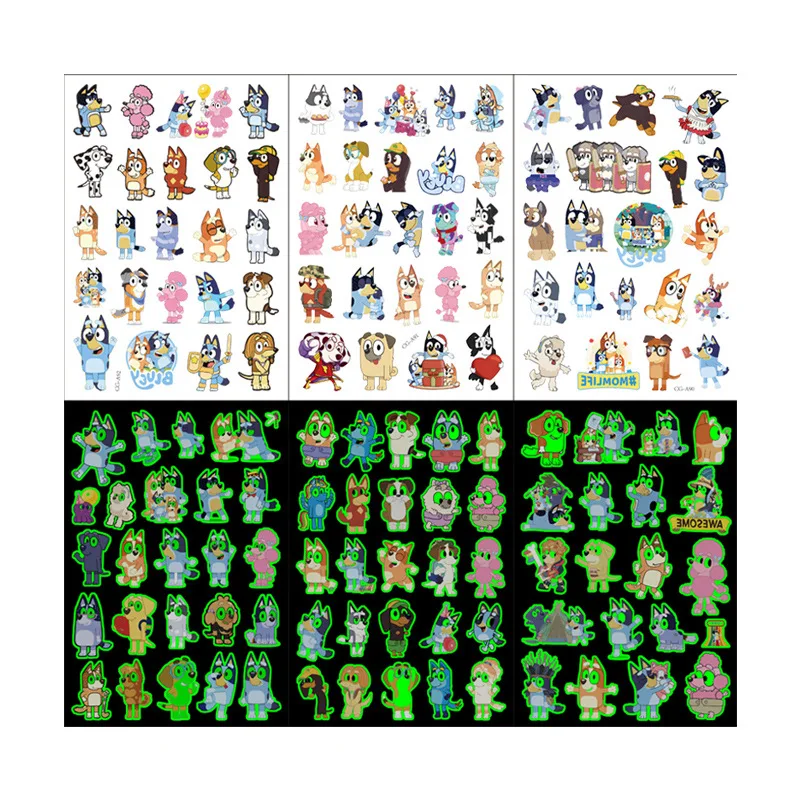 1 قطعة جديد مضيئة الكرتون Bluey الأسرة المؤقتة الوشم ملصق الذراع الوجه وهمية الوشم ملصق الجسم الفن الوشم هدية حفلة
