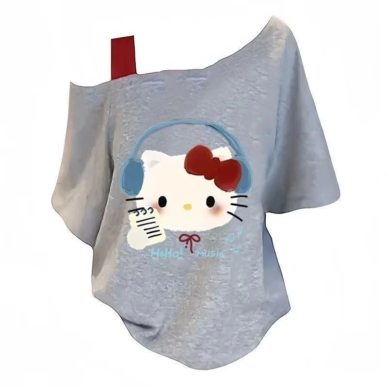 

Футболка Kawaii Slim Fit Style Sanrio Hello Kitty с асимметричным вырезом на плече, без рукавов, хлопковая, для женщин, девочек и подростков, летняя, милая, нежная