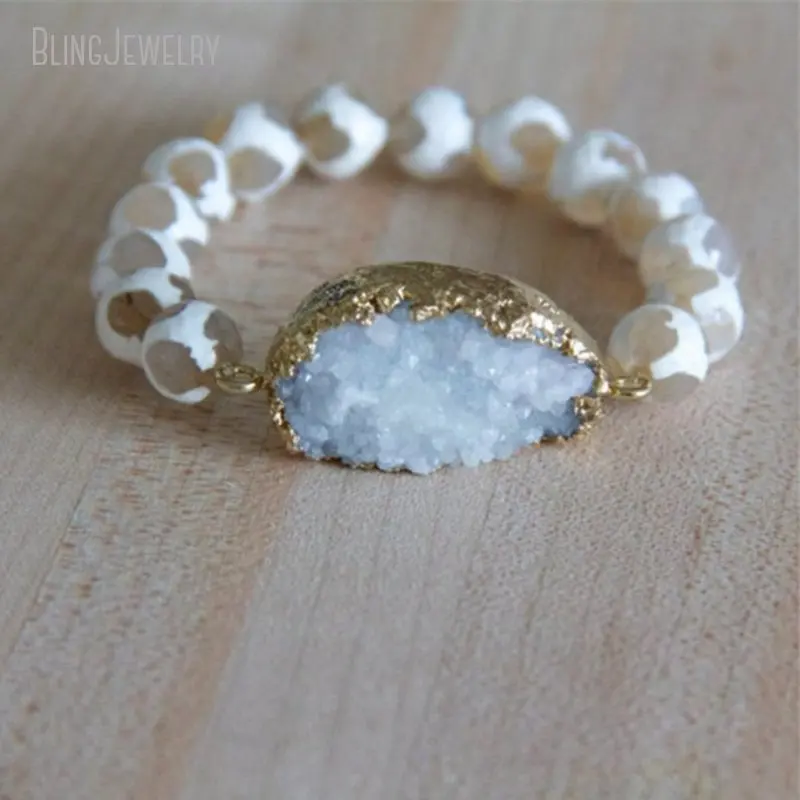 BM19495 White Crystal Druzy Jewelry Tibetan Diz Agate Cream Giraffa  Beads Stacking Bracelet