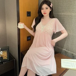 Sweet Lace Princess Short Sleeve Sexy V-neck Cotton Nightgown for Women Summer Cute Sleepwear Night Dress Nightdress Home Nighty