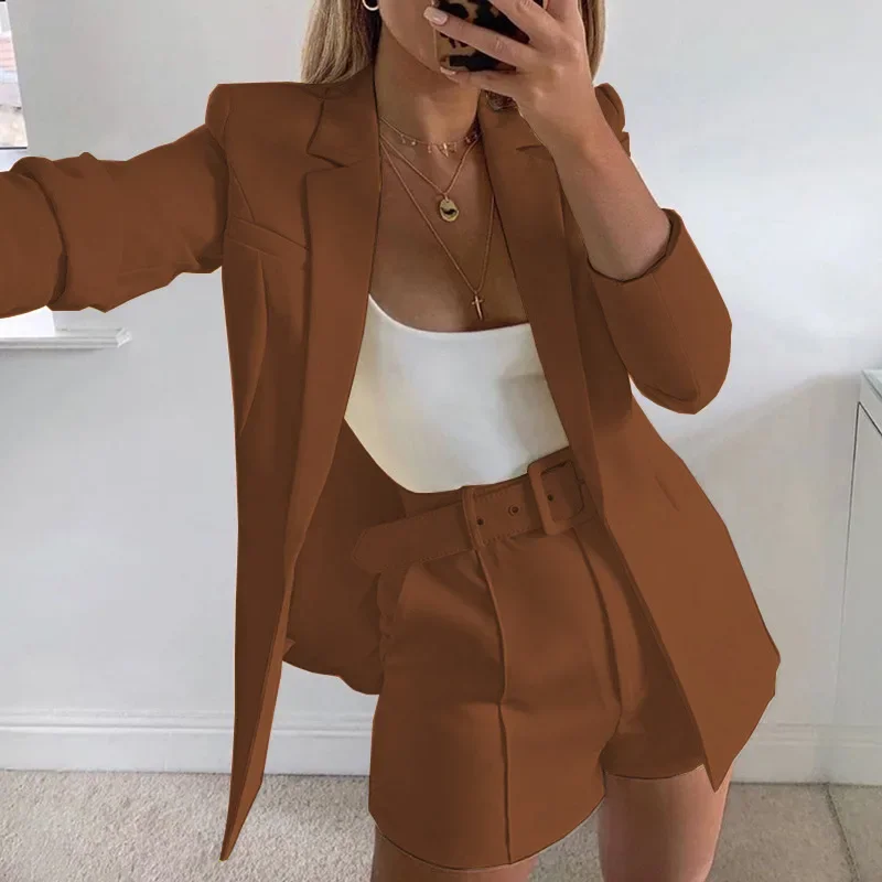 Elegant Women 2 Piece Blazer Set Sexy Fashion Office Lady Long Sleeve Lapel Coat Jacket Shorts Suit for Women Outfits Tracksuit