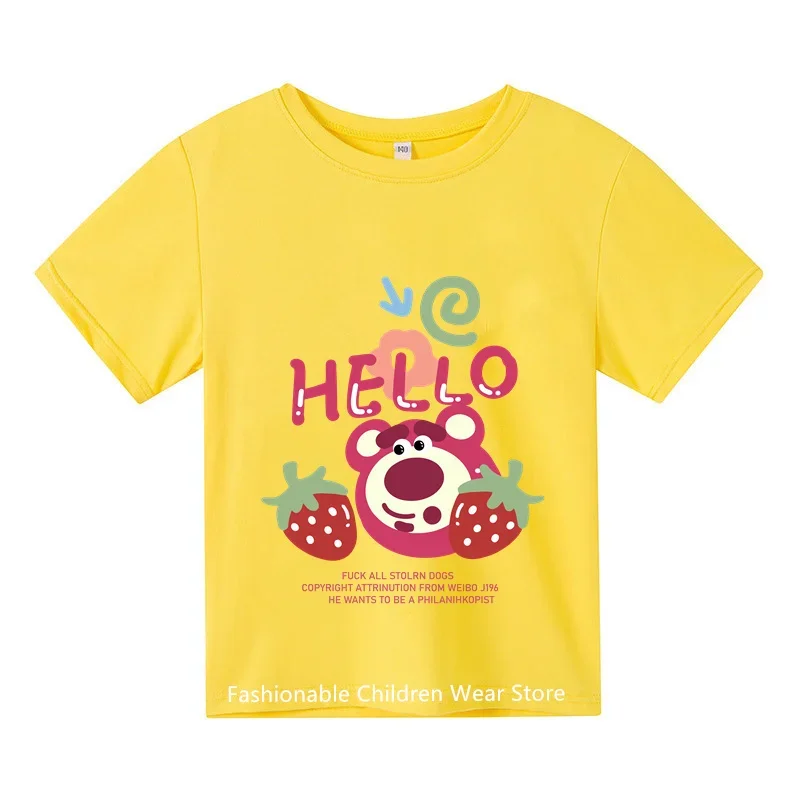 

2024 Cute Strawberry Bear Lotso Kids T-shirt Summer Crewneck Cotton Boys Girls Student short-sleeved Casual T-shirt Fashion T-sh