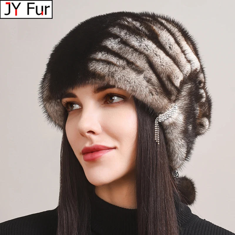 Ladies Fur Hat 2024 Winter Fluffy Mink Fur Russian Fur Hat Women\'s Headband Outdoor Winter Hat Earmuff Ski Cap Keep Warm