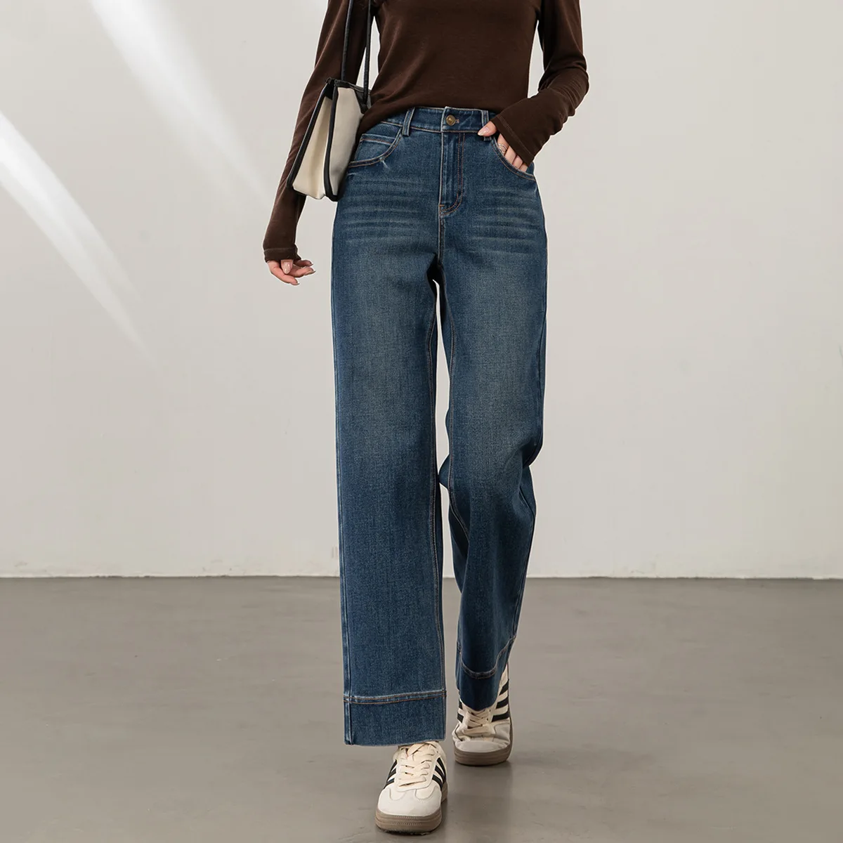 Retro Nine-point Jeans Women's Autumn Four-sided Elastic Versatile Autumn New Small Loose Straight Wide-leg Pants