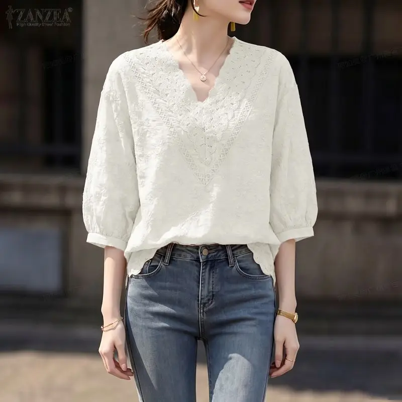 

2026 ZANZEA Summer Lace Patchwork Blouse Women Bohemain V Neck Holiday Tops Elegant 3/4 Sleeve OL Work Shirt Embroidered Tunic