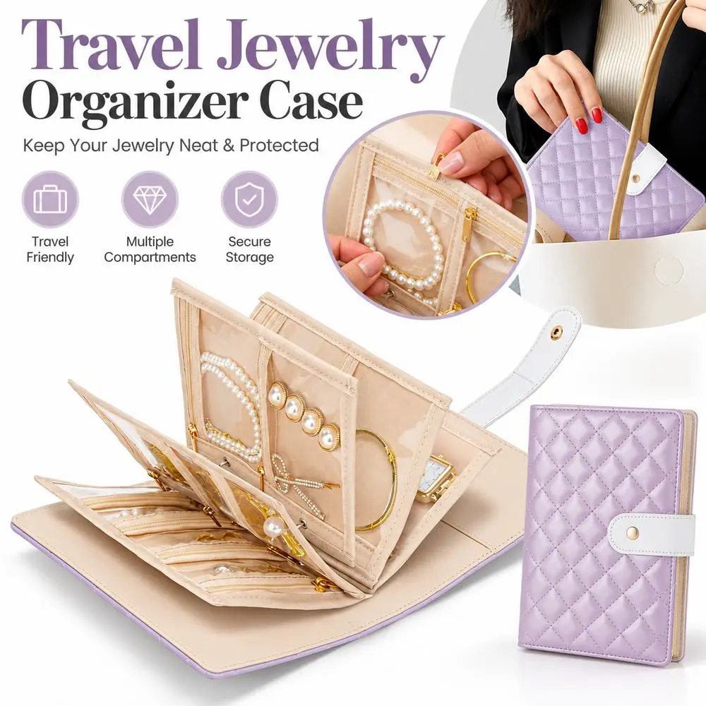 Foldable Jewelry Organizer Book Portable Transparent Window Jewelry Storage Book Clear Zipper Pouch PU Leather
