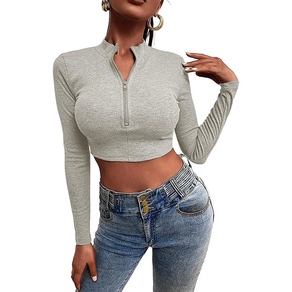 

Ribbed Cropped Knitted T-shirt Sexy Navel Exposed Short Bottoming Shirt Zipper Half Placket Stand Collar Skinny Short Blouse