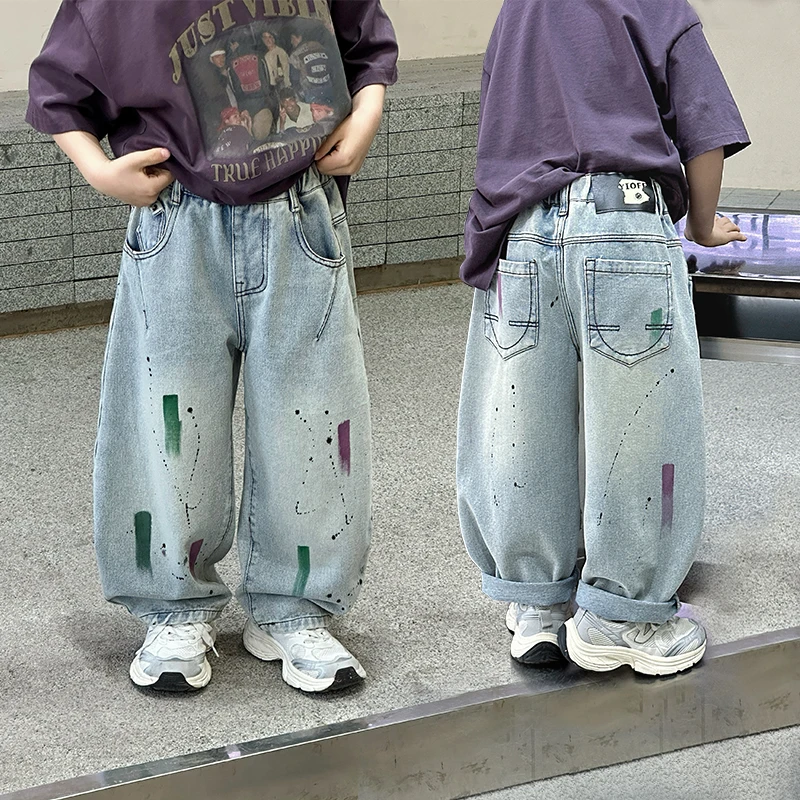 

Осень 2025 г., новые красочные широкие джинсовые брюки с каракулями, индивидуальные модные крутые синие джинсы