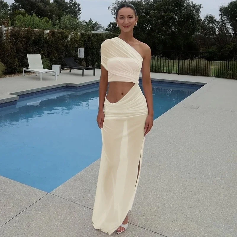 European Style Sexy Maxi Fashion Dress One Sleeveless Mesh Hollow Out Back Ruched Bodycon Club Long Dress