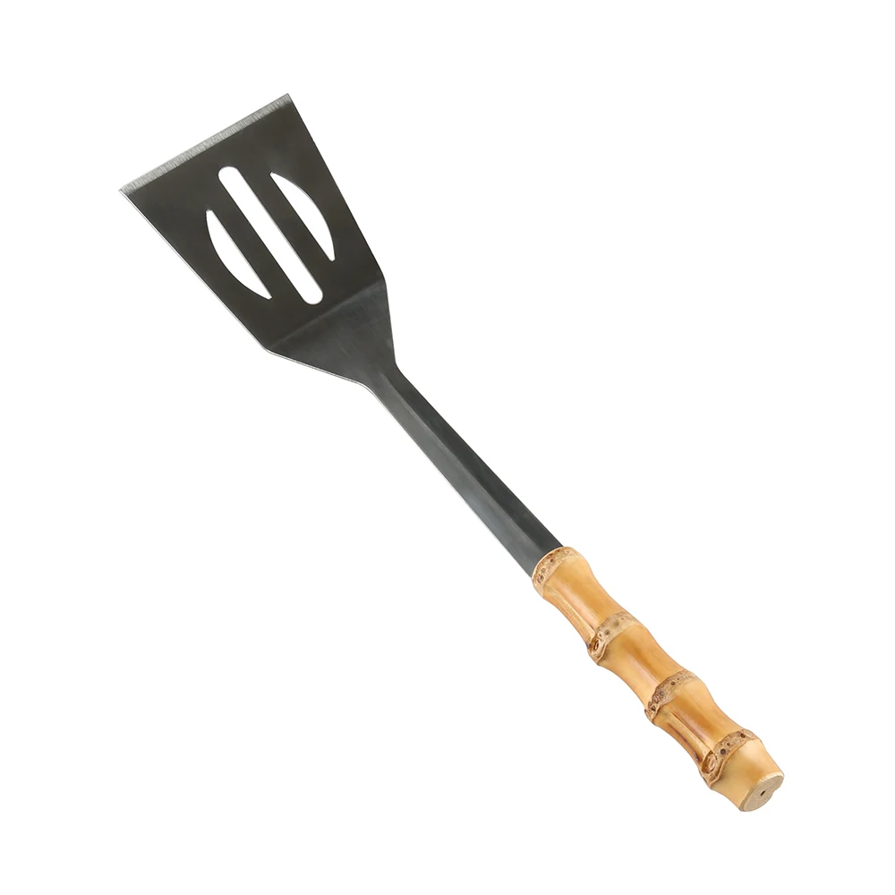 Camping Stainless Steel Bamboo Root Wooden Handle Slotted Spatula Turner Fork Tong Grill Set Barbecue Accessories BBQ Tool