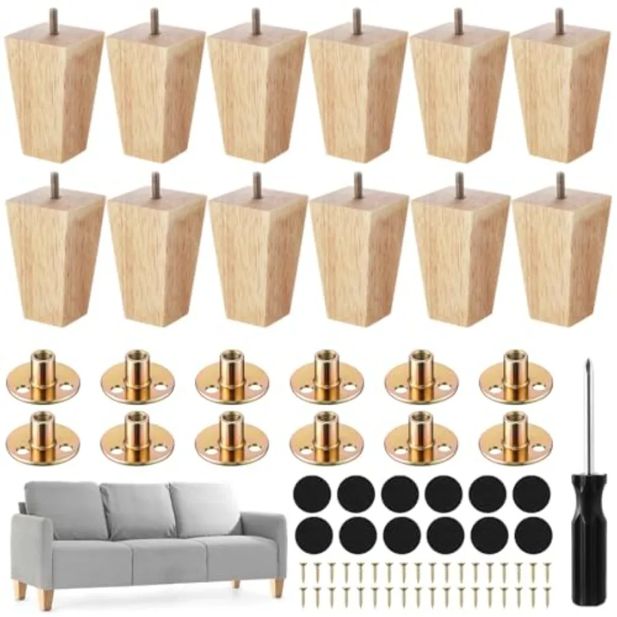 

Set of 12 Wood Furniture Legs 4 Inch Sofa Leg Solid Square Couch Feet Mid-Century Bed Legs Replacement for Sofa Armchair Reclin