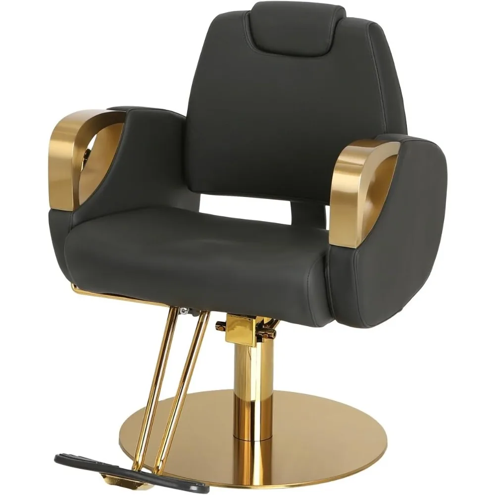 All Purpose Reclining Styling Chair for Professional Salons with Brushed Gold Armrests, Matching Gold Hydraulic Base & Pump