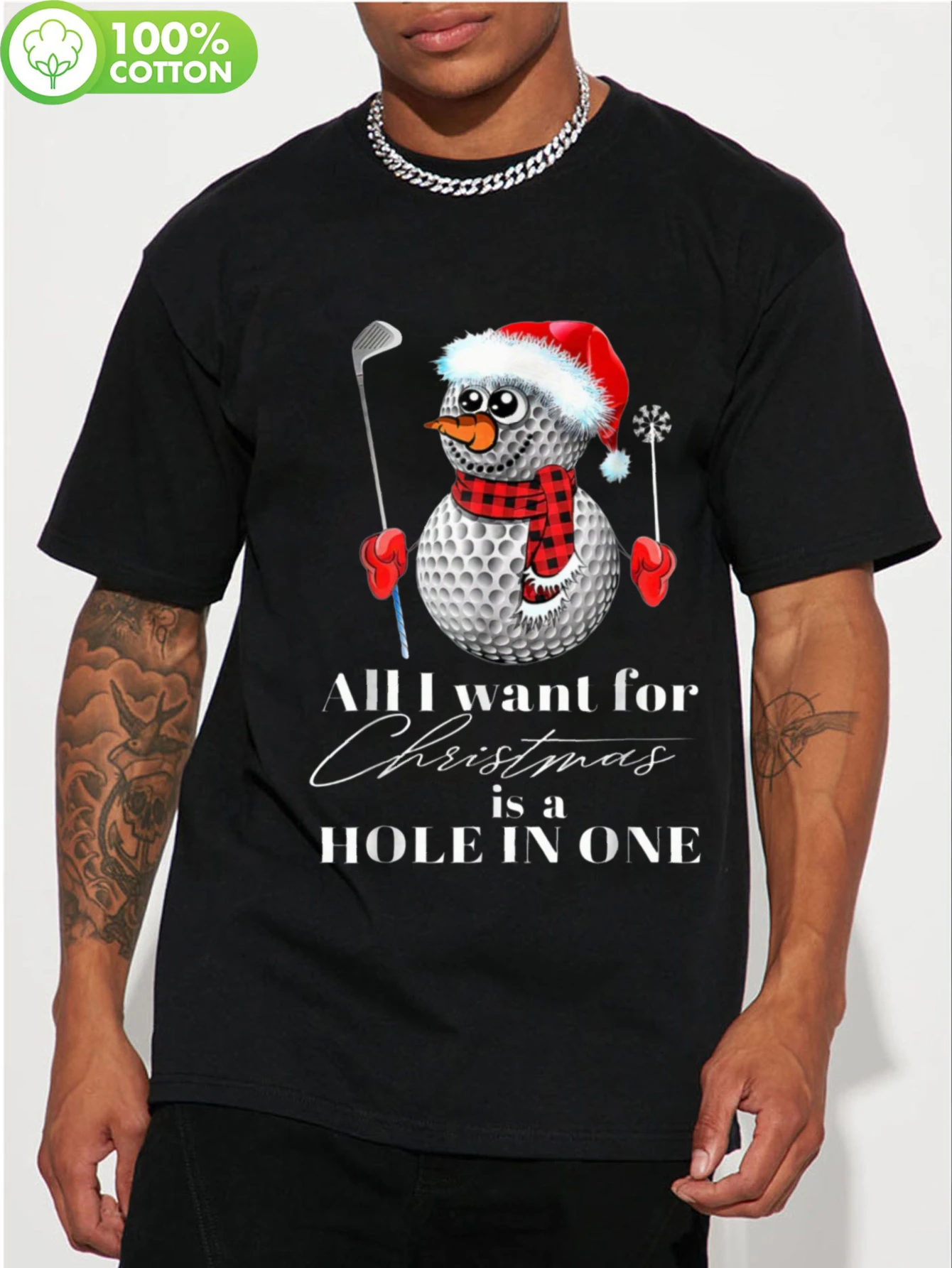 

Мужская дышащая хлопковая футболка с рисунком Golf Snowman All I Want for Christmas is a Hole in One