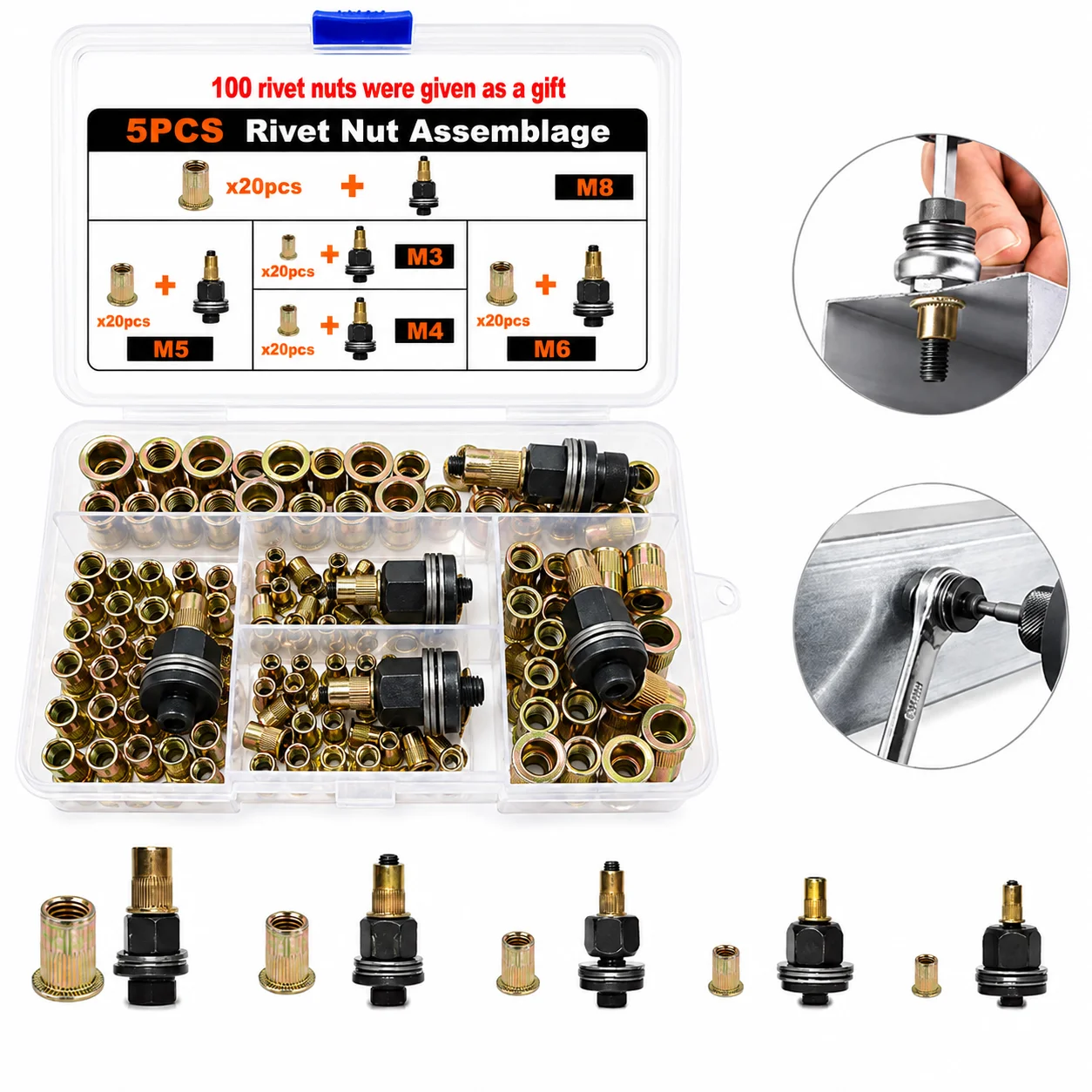 105pcs Rivet Nut Tool Kit, 5pcs Mandrels M3-M8, 100pcs Rivet Nuts, Manual Riveter Set for Automotive, Industrial, DIY