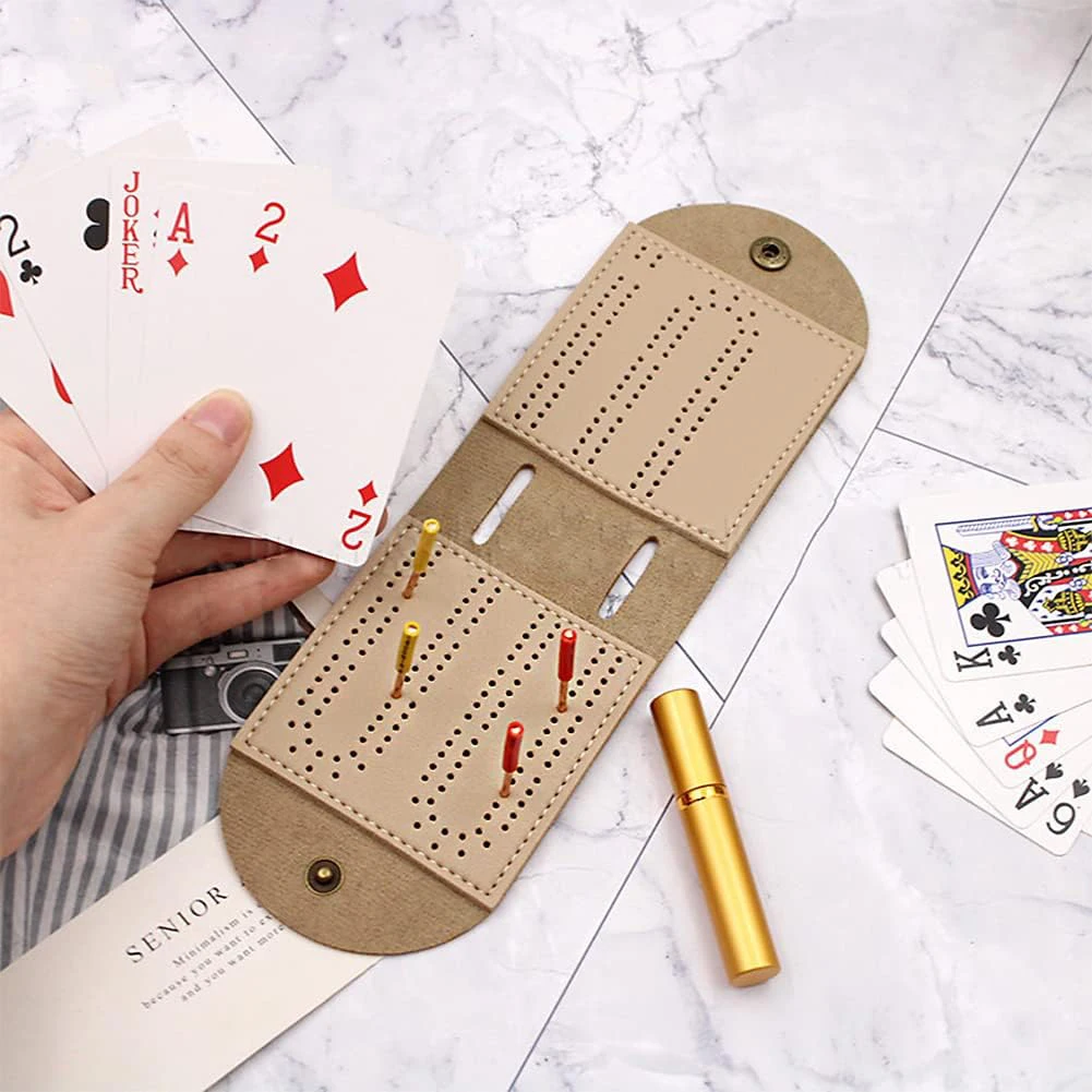 1pc Board Cribbage Board Dozen Games Play Anywhere Premium Leather Sleek Design Camping Party With 2 Track Layout 4 Pegs