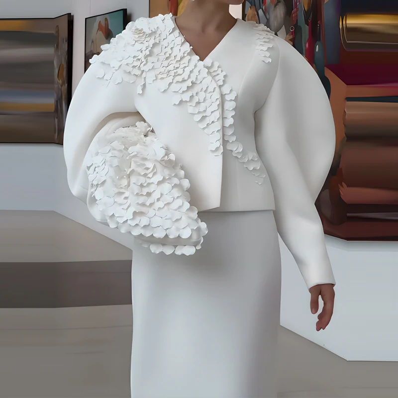

Elegant V-neck Coat & Half Skirts Outfits Women Casual Puff Sleeve Long Skirt Suits Fashion Petals Decoration Solid 2 Piece Sets