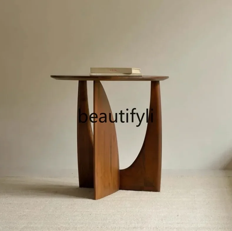 Simple solid wood sofa edge corner table round balcony small coffee table bed side small round table