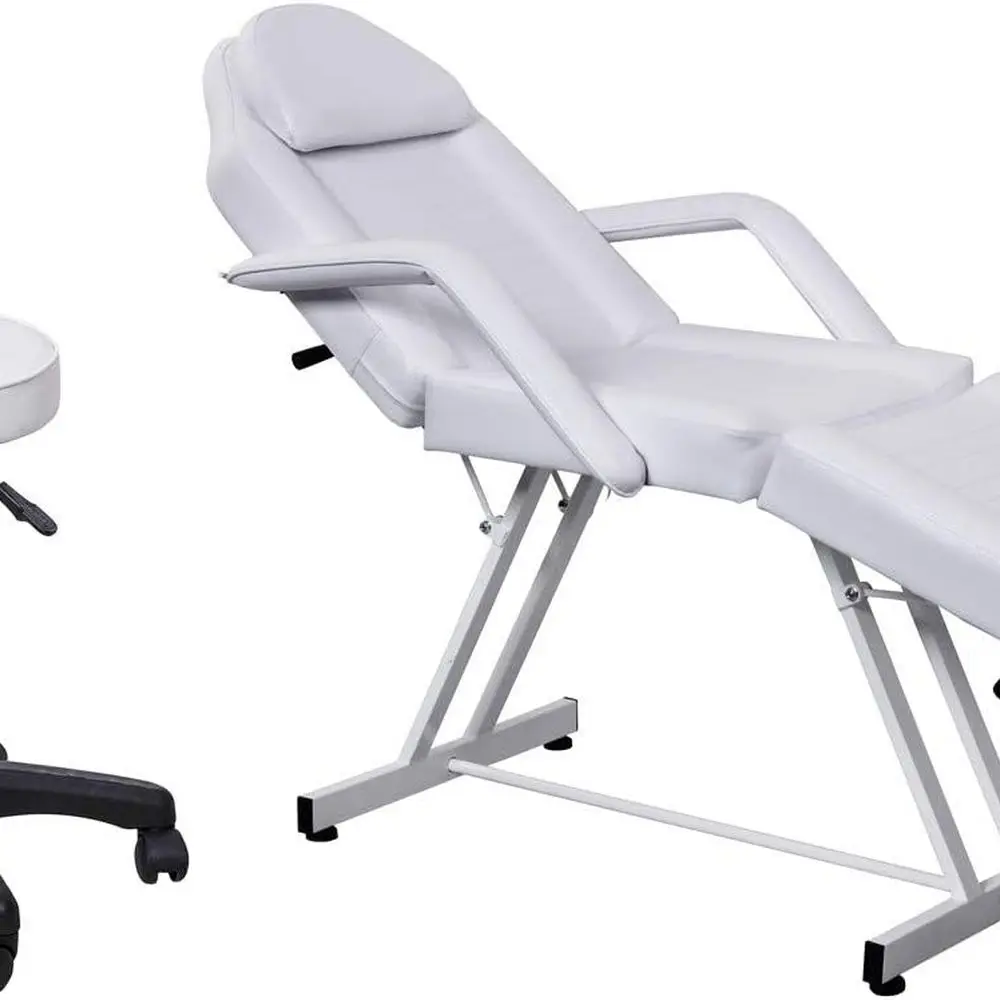 

Модернизированное кресло для косметологических процедур и татуировок из белой кожи со стулом, идеально подходит для парикмахерских и салонов красоты