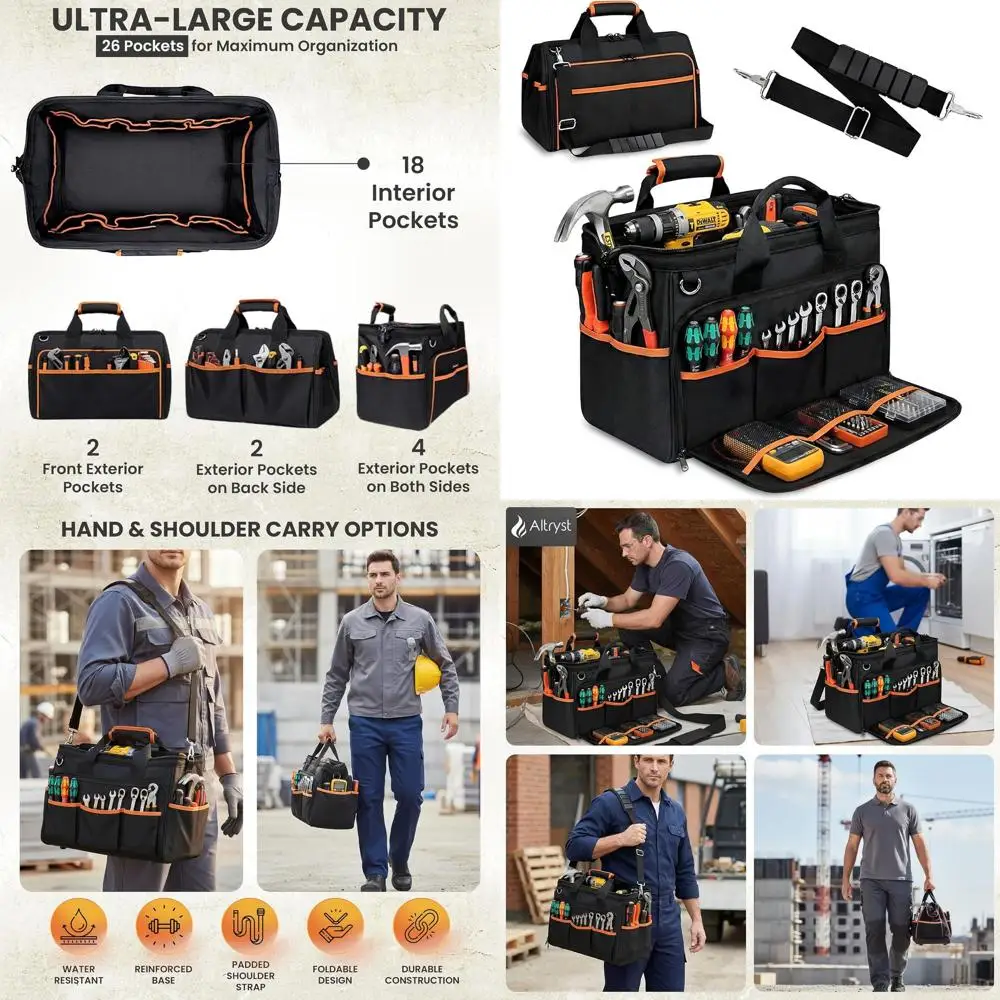 

17 Heavy-Duty Multi-Pocket Tool Bag with Padded Strap for Mechanics, Electricians, and Tradesmen