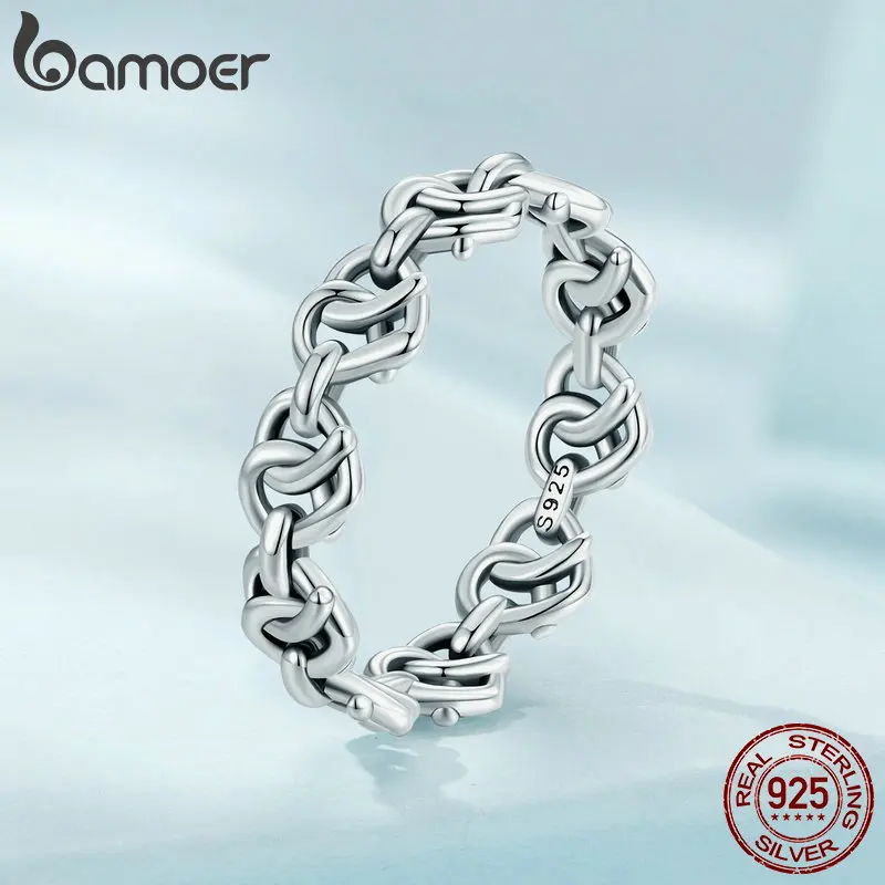 Bamoer 925 Sterling Silver Intertwined Heart Chain Ring Geometric Love Ring for Wowen Platinum Plated Fine Jewelry