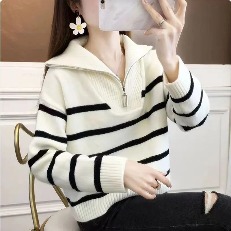 Polo neck sweater for women in autumn and winter thickened inner layer for outer wear new semi zippered striped bottom sweater