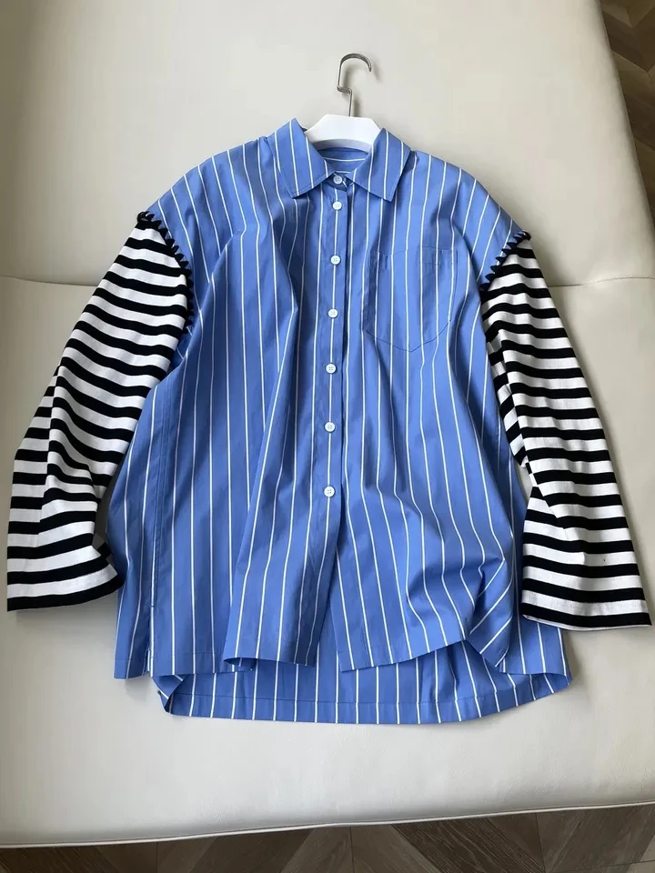 2024 new women's fashion long-sleeved sexy casual knitted spliced striped shirt