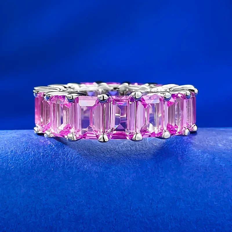 Yaranyan 925 Sterling Silver 4 * 6 MM Emerald Cut Lab Sapphire High Carbon Diamonds Gemstone Wedding Band Ring Fine Jewelry