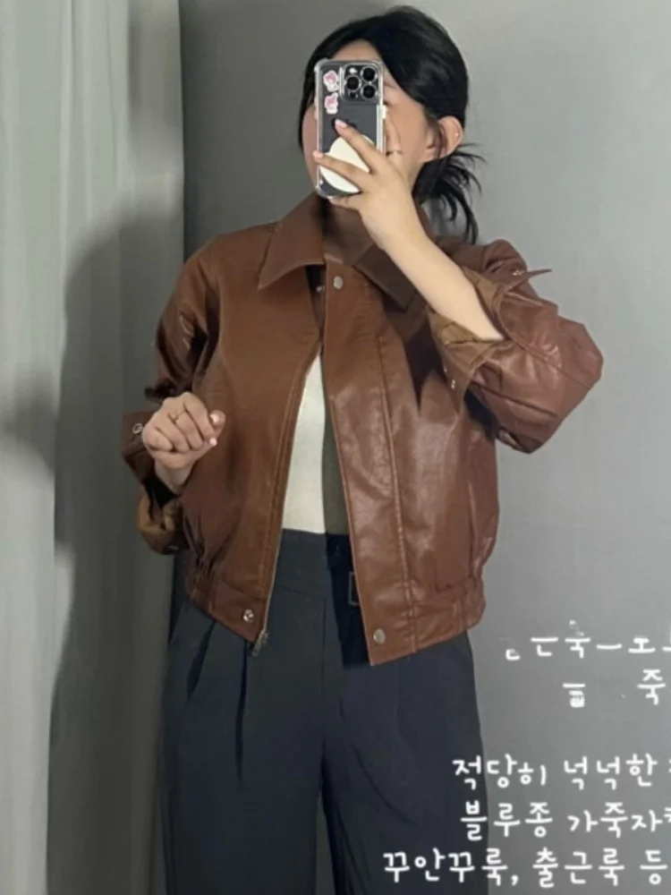 الرجعية هونغ كونغ Sle دراجة نارية Jaet المرأة فضفاضة تناسب سستة بولي معطف معطف جلد شيك الخريف ملابس خارجية طويلة Sve #1