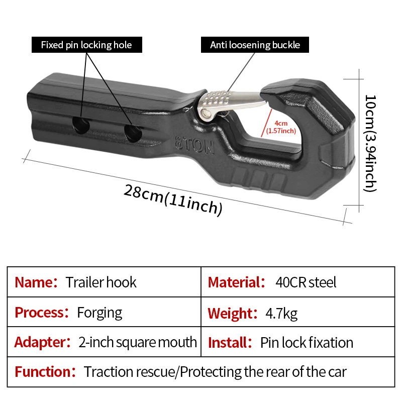 8 Ton 17600lbs Forged Off-Road Rescue Trailer Hitch Essential Part for Heavy-Duty   Use