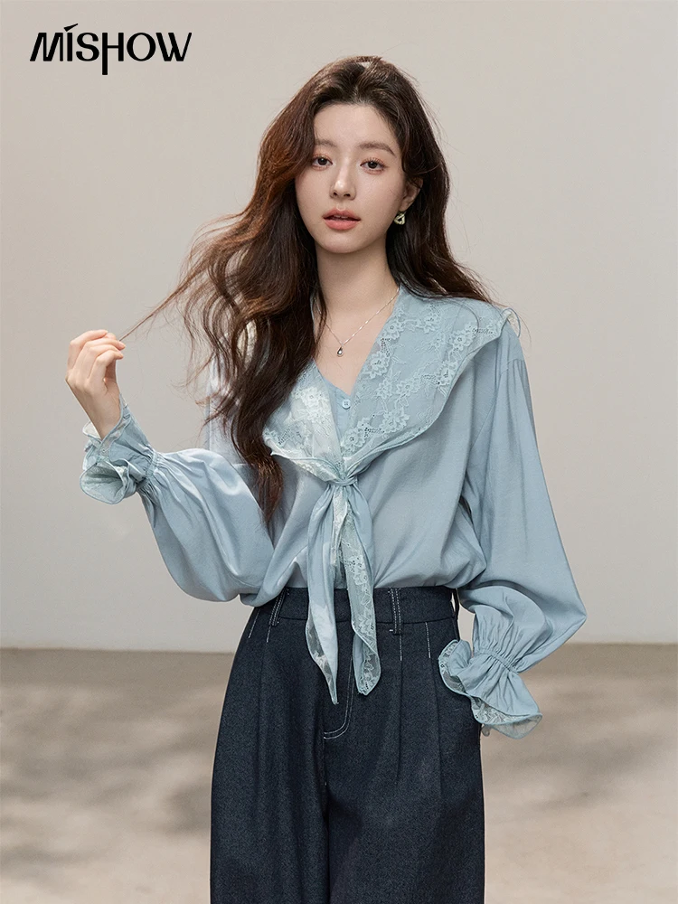 MISHOW Women Lace Ruffle Blouse Lace Splice Detachable Shawl Long Sleeve Loose Fit Light Blue Casual Commute Top MXF14C2444