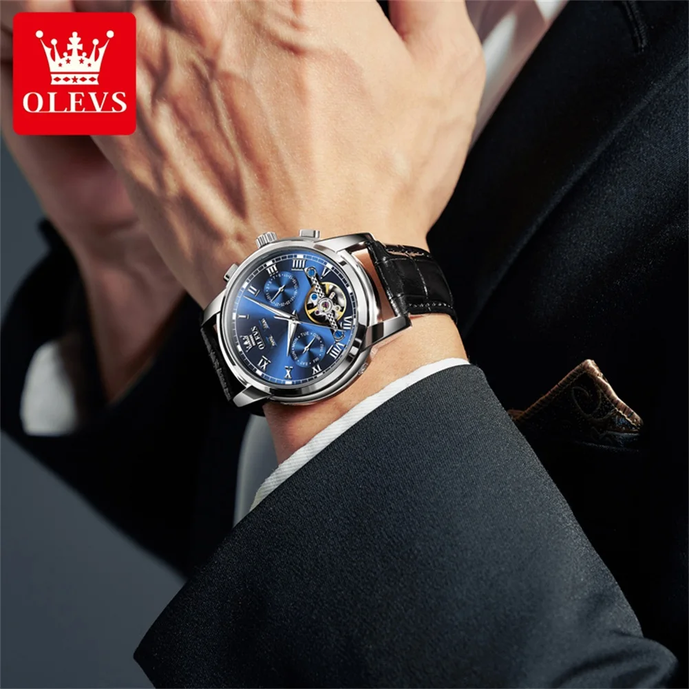 OLEVS 6607 Roman Scale Classic Mechanical Watch For Men Original Hollow Waterproof Wristwatch Week Date Display Automatic  Watch