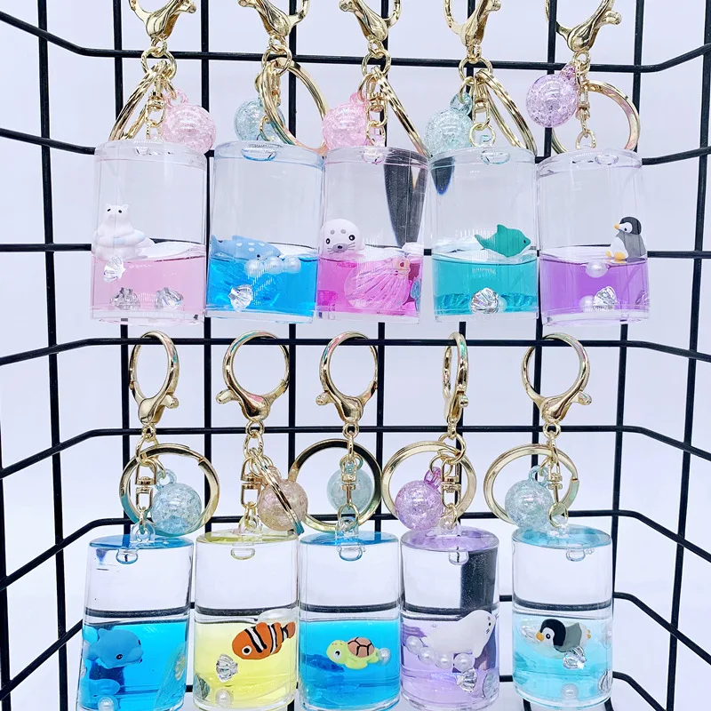 Floating Bottle Cute Key Chain Cartoon Crystal Ocean World Keychain Creative Bag Pendant for Women