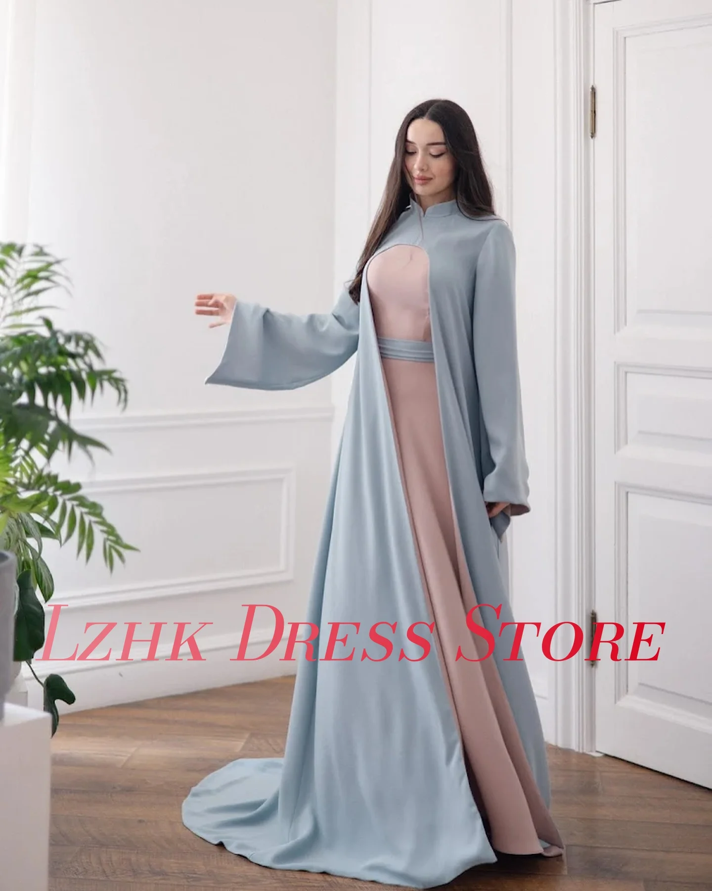 Gaun Malam A-Line Jersey Anggun Kustom Gaun Acara Khusus Panjang Lantai Kerah Tinggi Lengan Panjang Temperamen