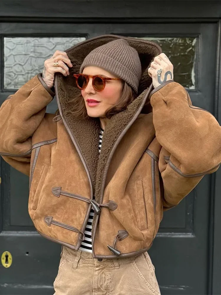 

Women's Bomber Coats Hooded Leather Trim Patchwork Jacket Autumn 2025 Female Long Sleeve Loose Fitting Coat Chic Lady Outerwears