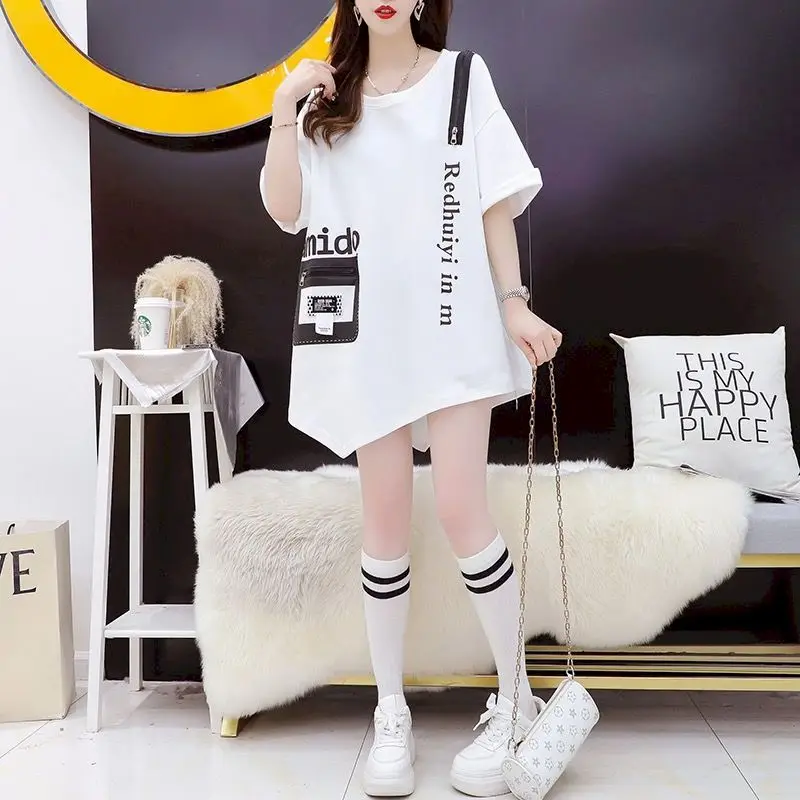 Cotton T Shirt Women Summer Irregular Short-sleeved T-shirt Korean Style Casual Crewneck Loose Tops Letter Print Fashion Tshirt