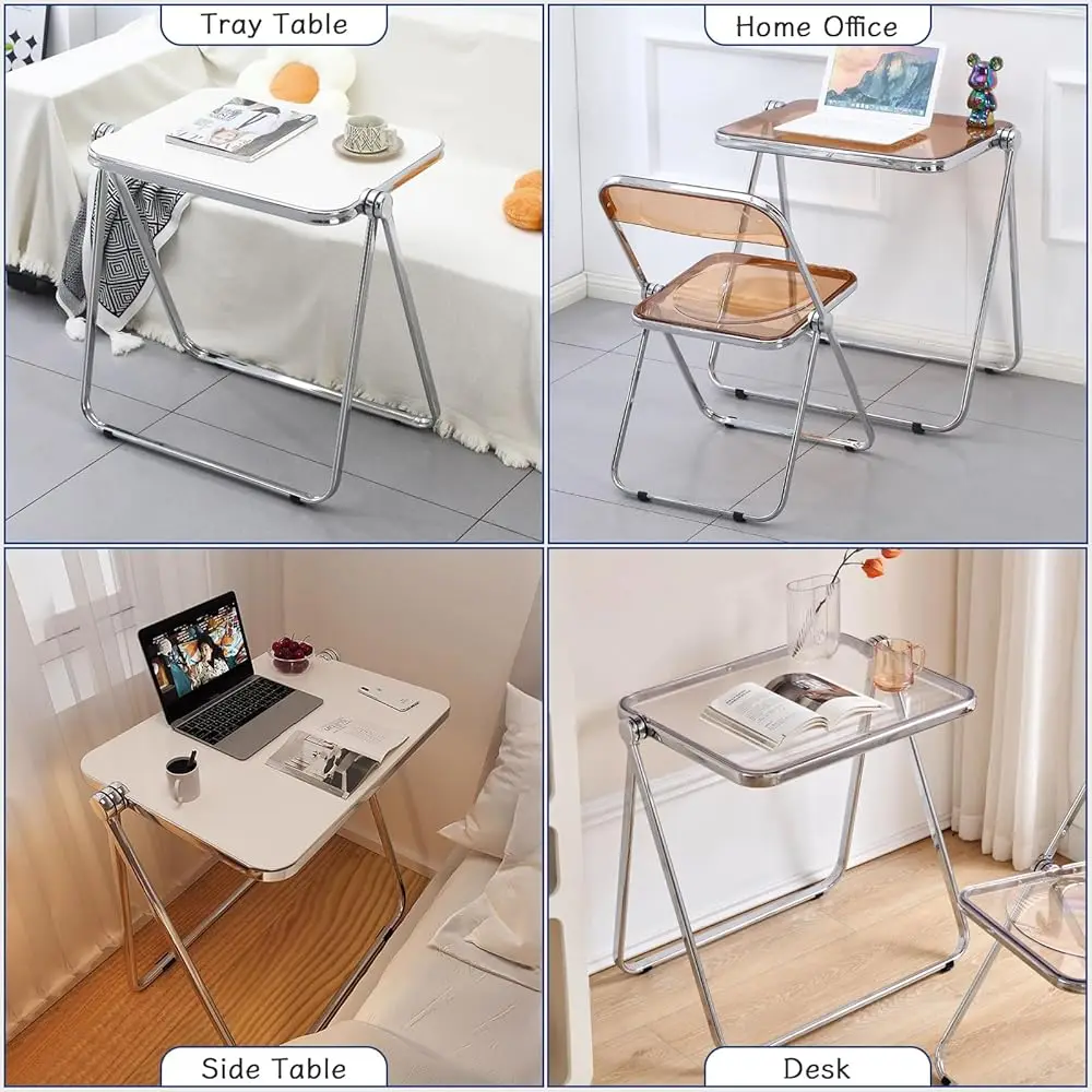 Folding Tv Tray Table- Clear Acrylic Foldable Table No Assembly Required Tiny Desk For Home Office Side Table Small Computer