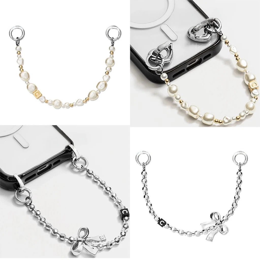 

Pearl Silver Bowknot Universal Beads Phone Charm Short Chain Mobile Phone Straps for IPhone Lanyard Bracelet for Samsung Galaxy