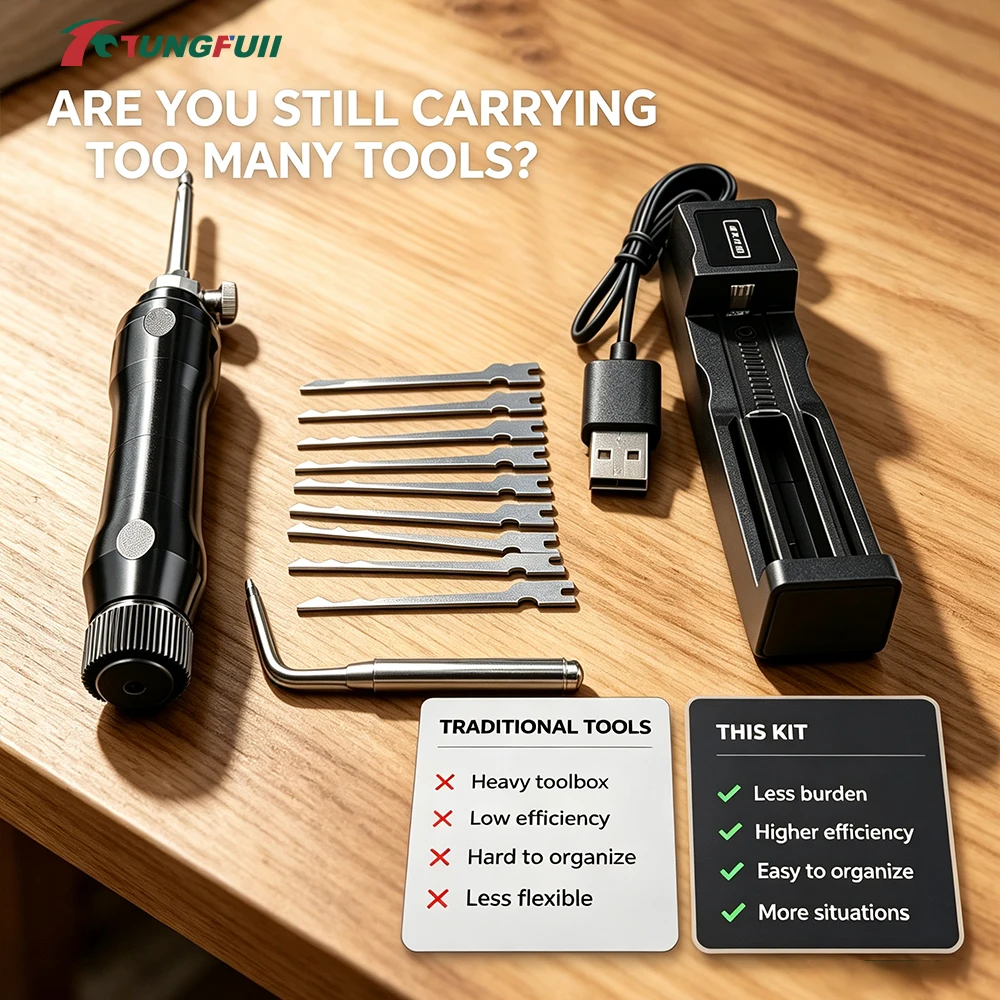 Tungfull Rechargeable Electric Lock Pick Gun Complete Locksmith Tool Kit with Multiple Replacement Lock Pick Blades