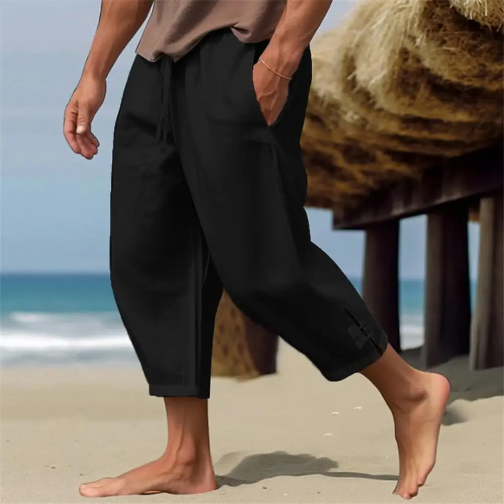 Drawstring Linen Pants Men's Drawstring Cropped Pants with Elastic Waist Loose Fit Deep Crotch Featuring Pockets for Summer