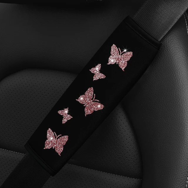 1 Brokatowy różowy motyl Blingling Fabric Automotive Supplies Pokrowiec na pas bezpieczeństwa Wygodny, zapobiegający napinaniu pas bezpieczeństwa